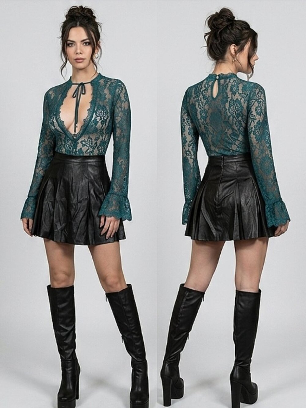 Teal Deep V Lace Bell Sleeved Lulumari Bodysuit
